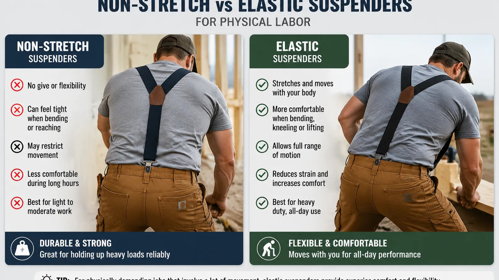 Non-Stretch vs Elastic Suspenders for Physical Labor