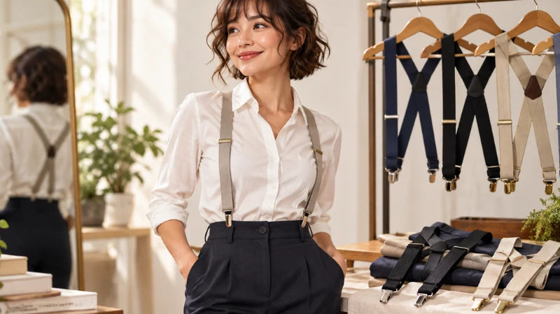 etite woman wearing adjustable narrow suspenders with a white shirt and high-waisted trousers, showcasing a comfortable fit, with various suspender styles displayed in the background.