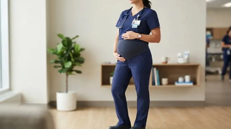 Pregnant nurse in maternity scrubs.