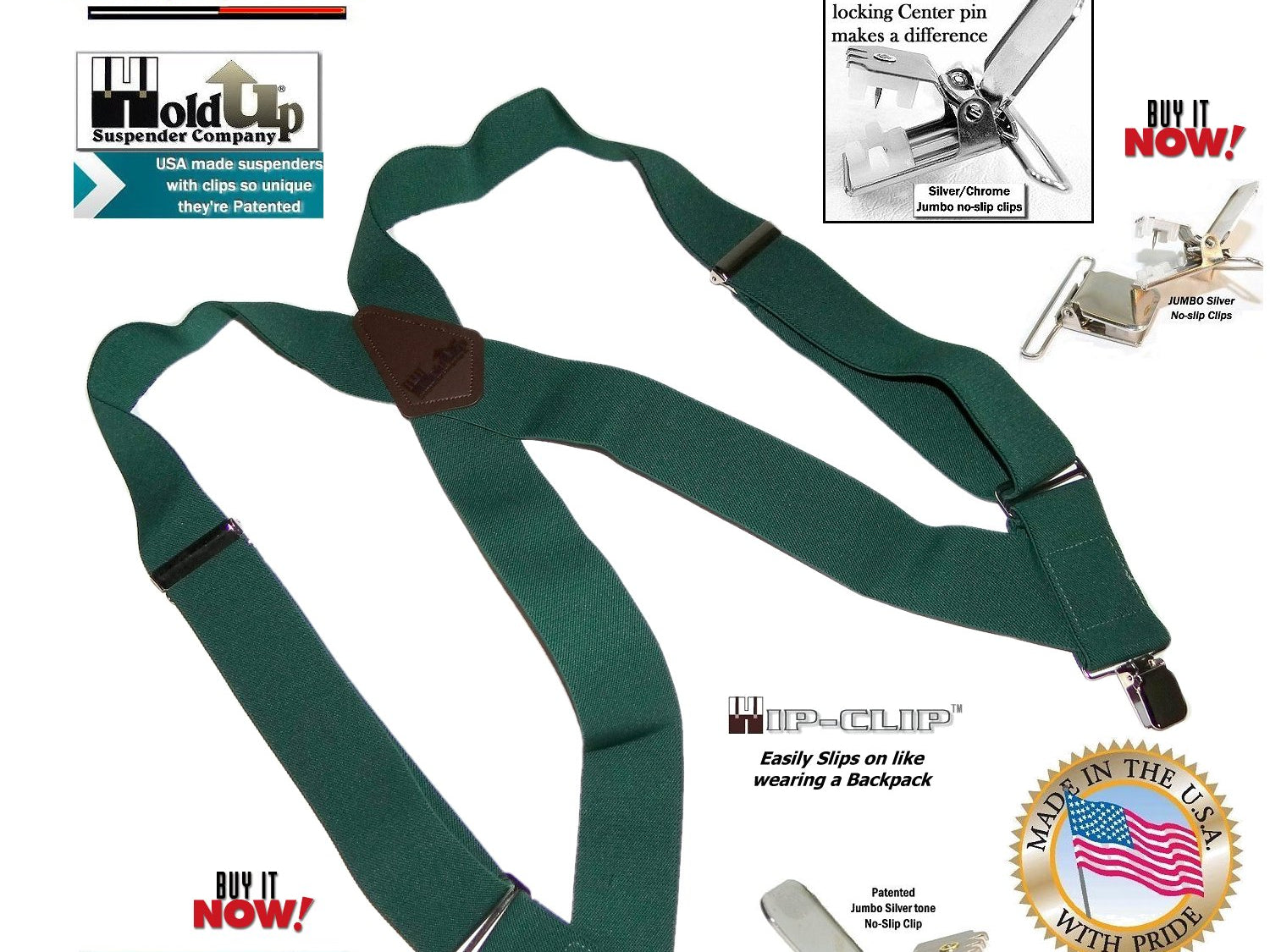 Dark Green side clip Holdup Hip-clip suspenders made in the USA