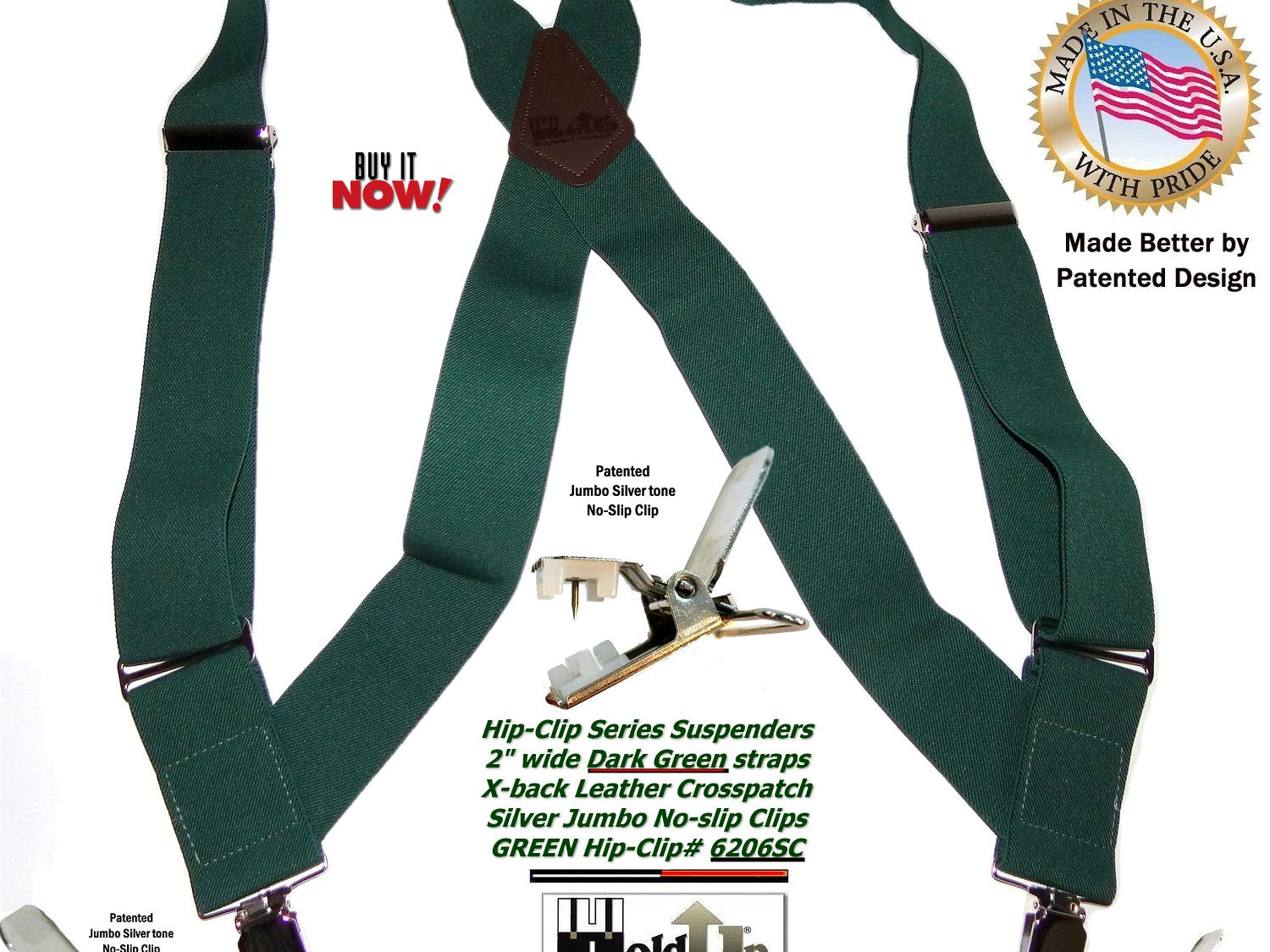 Holdup Brand Dark Green Hip-clip Side Clip-on Suspenders with Jumbo no-slip clips