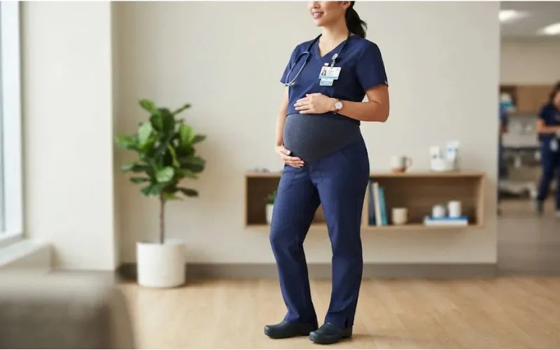 Pregnant nurse in maternity scrubs.