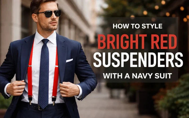 Bright Red Suspenders With a Navy Suit