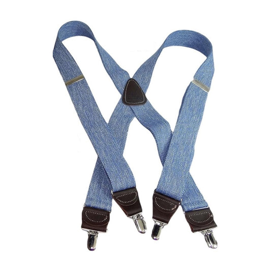 Holdup Brand Light Blue Denim color Suspenders with 1 1/2" wide straps in X-back styles with USA Patented No-slip Silver Clips