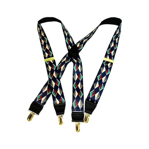 Hold-Ups Diamond Back Pattern Suspenders 1 3/8" in X-back w/ USA Patented No-slip Gold Clips
