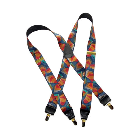 Holdup Collage of Colors Pattern X-back Suspenders and Patented No-slip Gold tone Clips