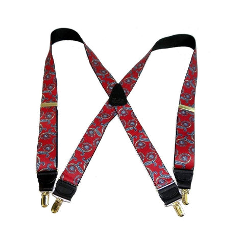 Hold-Ups Red Paisley Pattern Suspenders in X-back and USA Patented No-slip Gold Clips