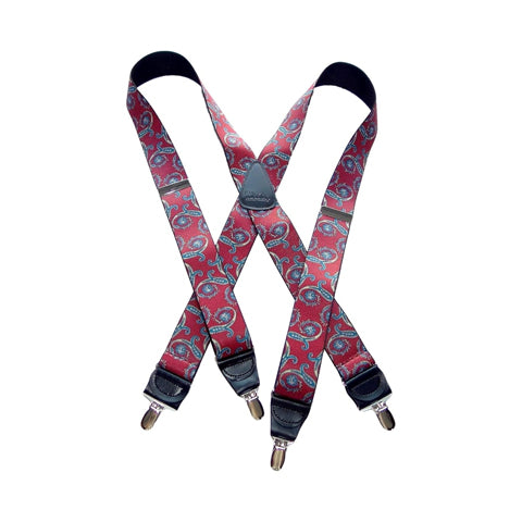 Hold-Ups Red Paisley Pattern Suspenders in X-back and USA Patented No-slip Silver Clips