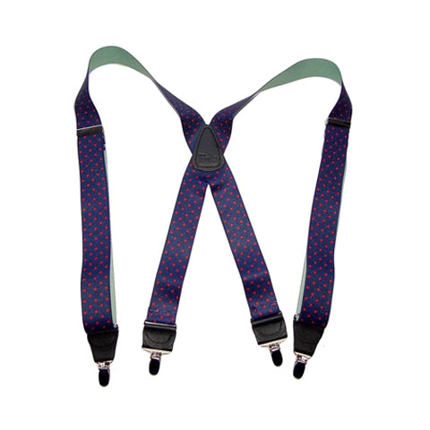 Hold-Ups Blue with Red Dot designer Pattern X-back  Suspenders with  patented No-slip Silver-tone Clips