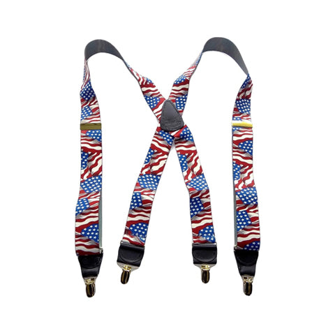 HoldUp Brand X-back Suspenders in American Flag Pattern with patented Gold-tone no-slip clips