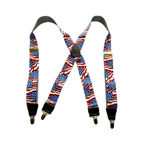 Holdup Brand America Flag Pattern Designer series X-back Suspenders with USA Patented No-slip Silver Clips