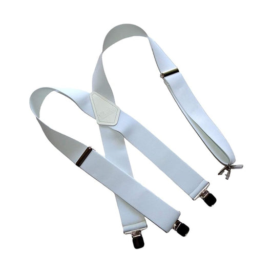 Holdup Suspender Contractor Series Bakers White 2" Wide X-back Suspenders with silver jumbo no-slip clips