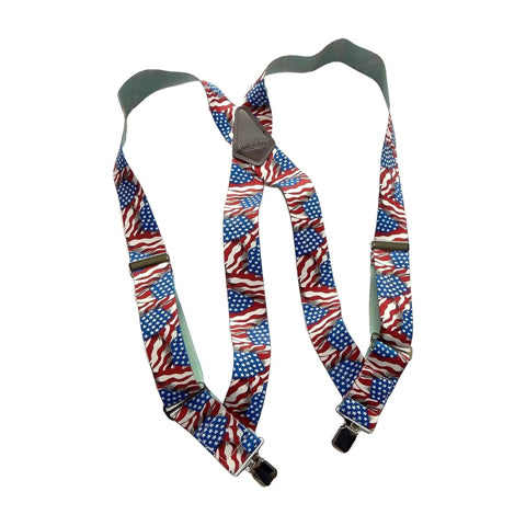 USA Flag pattern Holdup Hip-Clip 2 inch wide suspenders with Patented Jumbo silver tone  no-slip clips