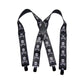 Holdup Brand USA made 2" wide Biker Skull & Crossbones pattern X-back suspenders with Jumbo no-slip clips