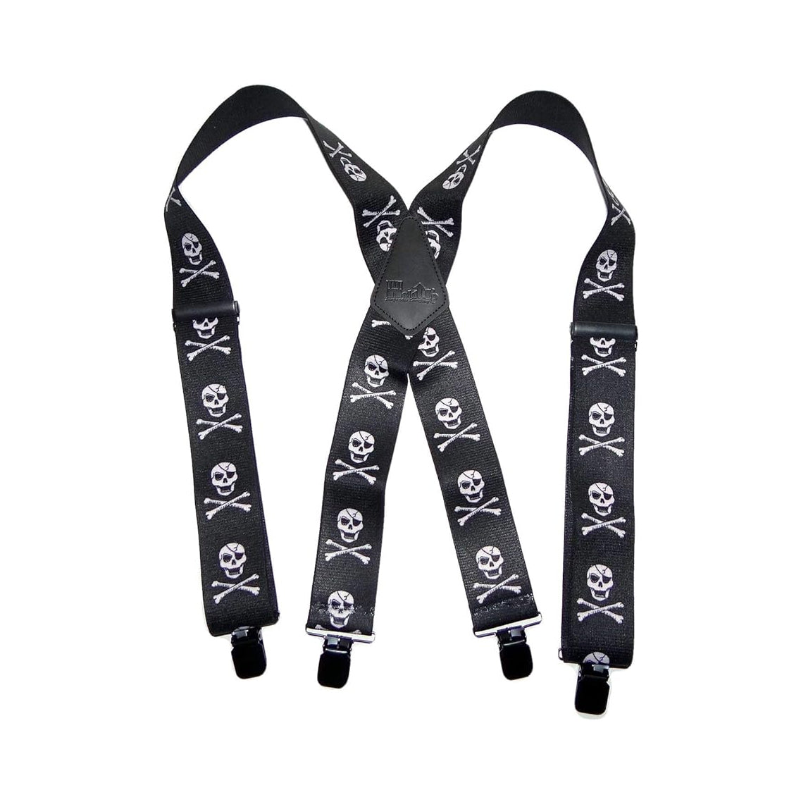 Holdup Brand USA made 2" wide Biker Skull & Crossbones pattern X-back suspenders with Jumbo no-slip clips