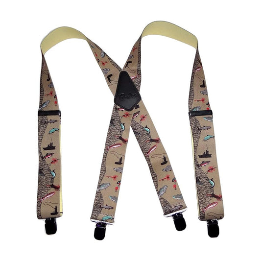 Holdup Brand Ourdoorsman Series X-back suspenders In The Fish Tales Pattern And Jumbo USA Patented No-Slip Center Pin Clips