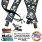 Holdup Brand USA made 2" wide Biker Skull & Crossbones pattern X-back suspenders with Jumbo no-slip clips