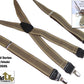 Holdup Brand Taupe Jacquard  weave1 1/2" wide Suspenders in X-back style and USA patented No-slip Nickel Clips