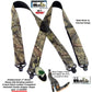 Holdup Suspender Company Mossy Oak Breakup Camoflage Pattern Suspenders in X-Back style and Patented Gripper Clasps