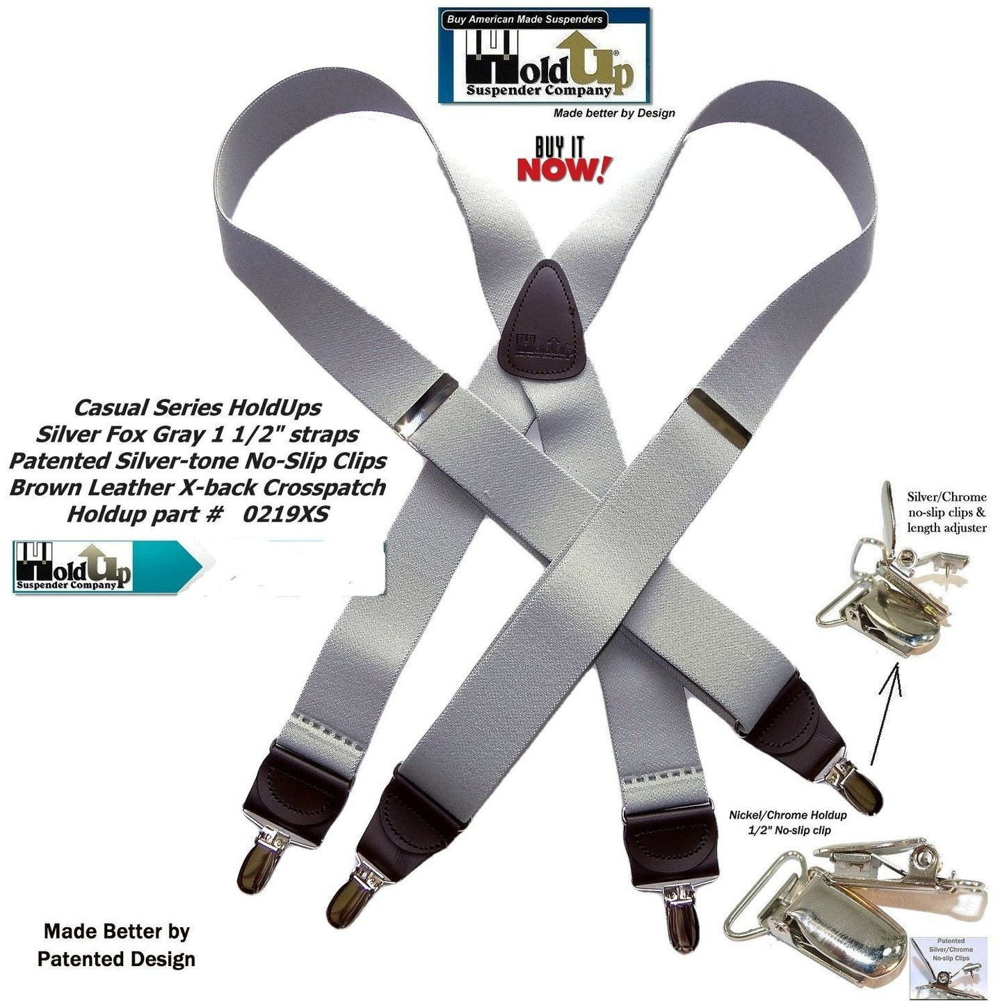Holdup Brand Light Silver Fox Gray  1 1/2" Wide X-back Suspenders with USA Patented No-slip Silver-tone Clips