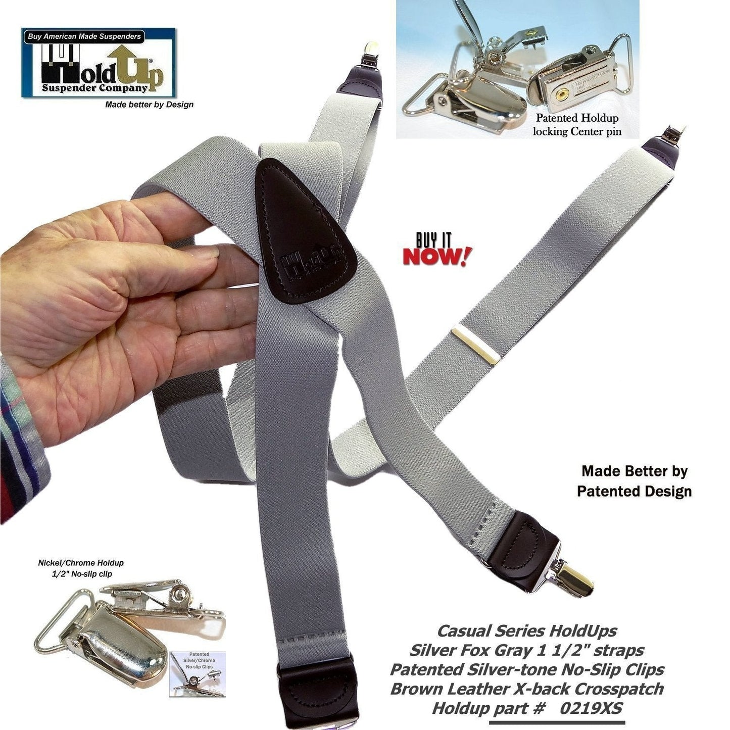 Holdup Brand Light Silver Fox Gray  1 1/2" Wide X-back Suspenders with USA Patented No-slip Silver-tone Clips