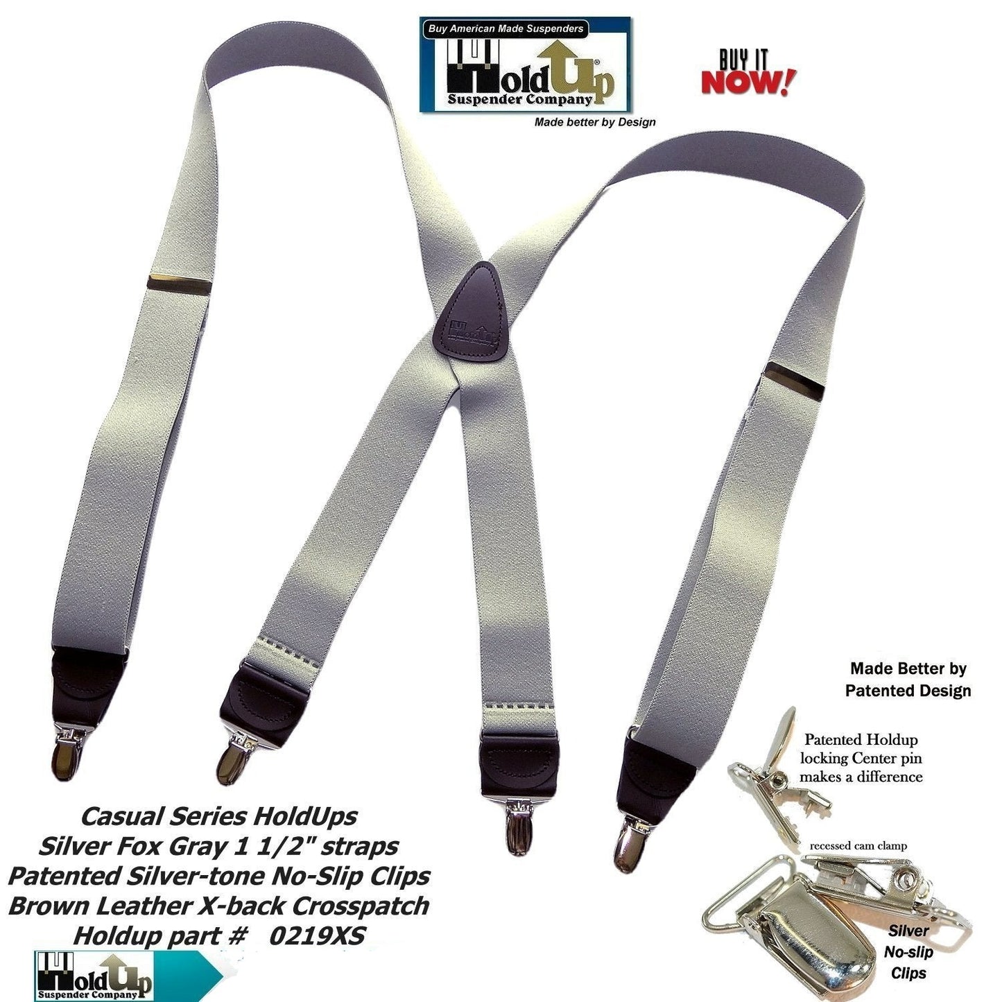 Holdup Brand Light Silver Fox Gray  1 1/2" Wide X-back Suspenders with USA Patented No-slip Silver-tone Clips