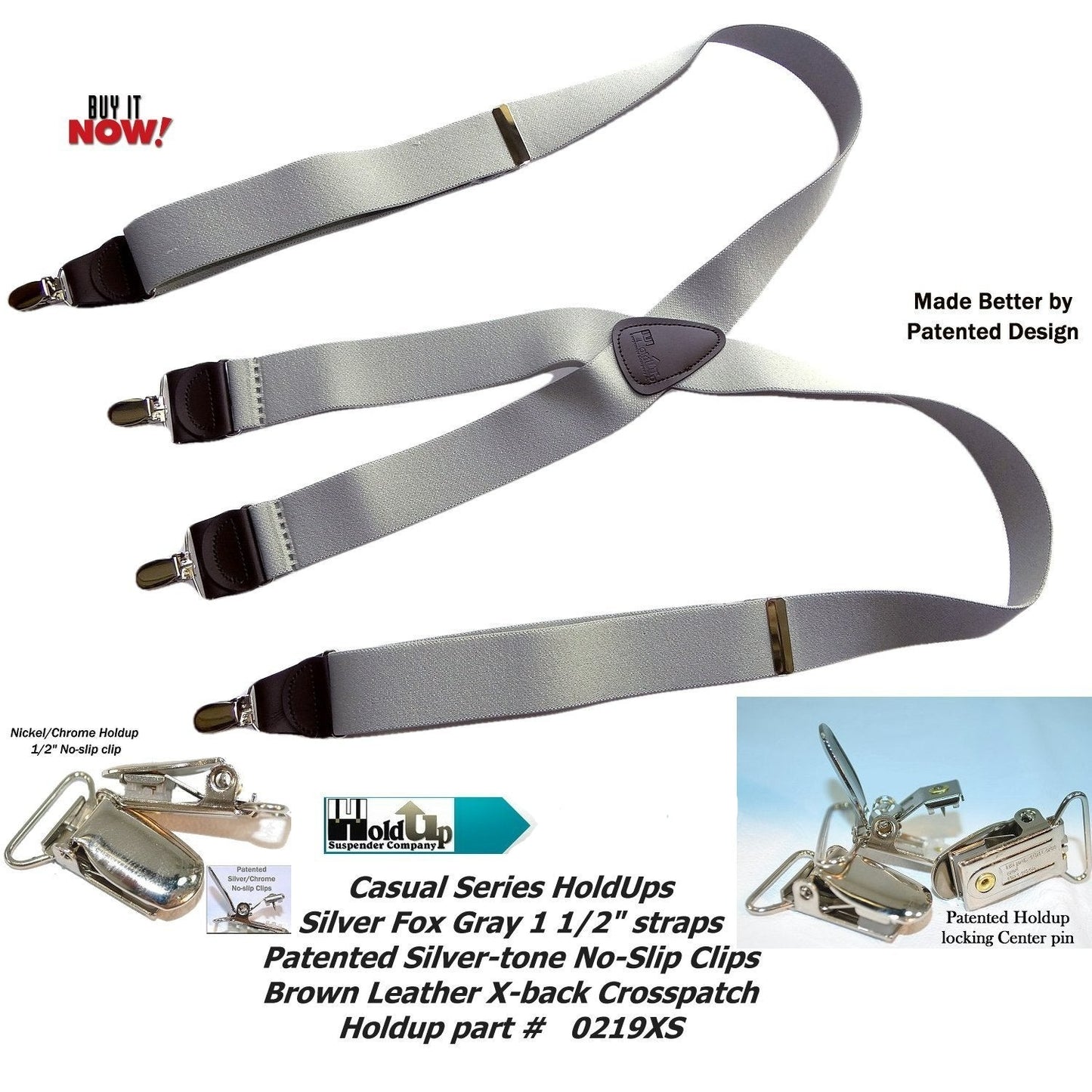 Holdup Brand Light Silver Fox Gray  1 1/2" Wide X-back Suspenders with USA Patented No-slip Silver-tone Clips