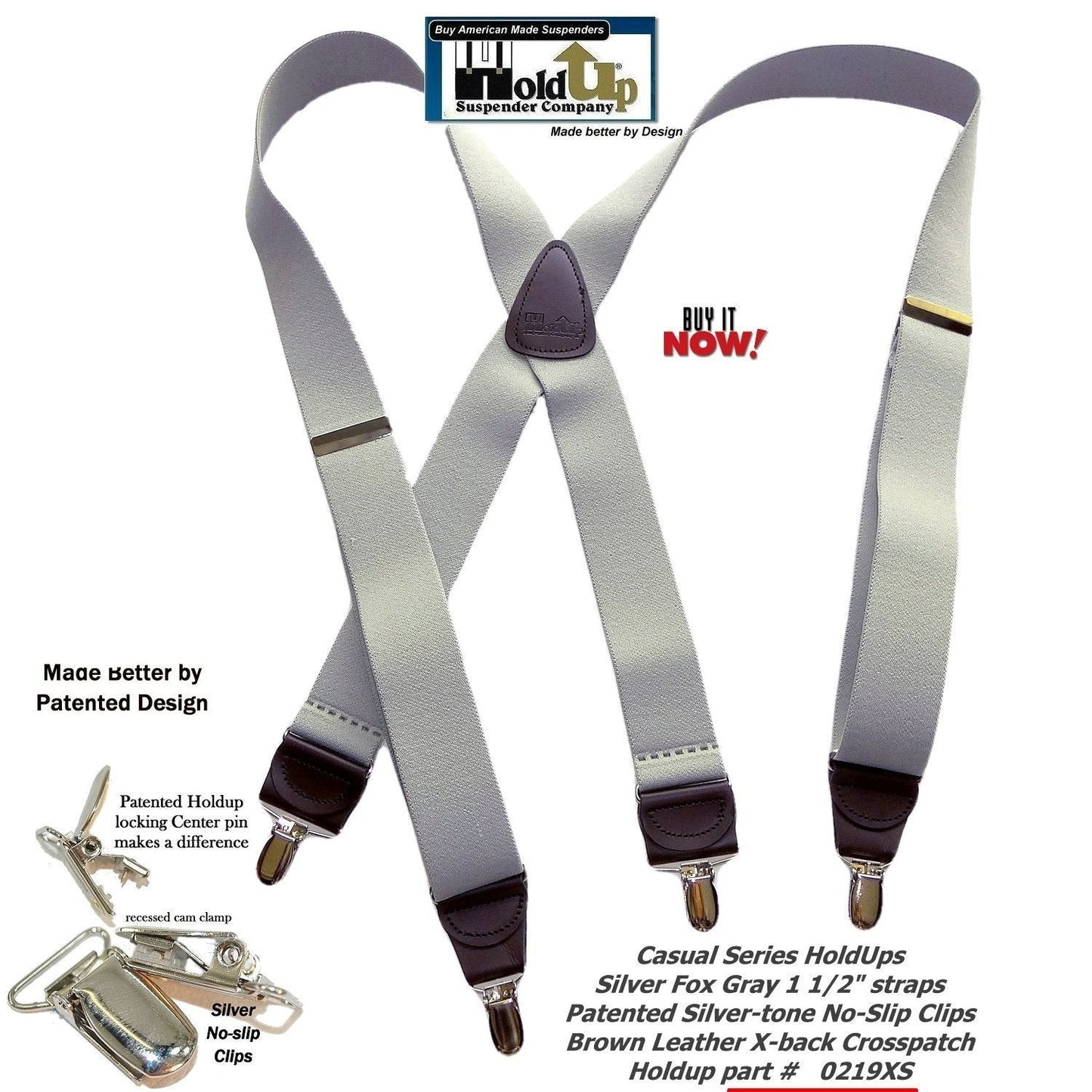 Holdup Brand Light Silver Fox Gray  1 1/2" Wide X-back Suspenders with USA Patented No-slip Silver-tone Clips