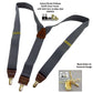 Men's Dark Slate Grey 1 1/2" wide Holdup Suspenders with Brown leather Y-back crosspatch and USA Patented No-slip Gold tone Clips
